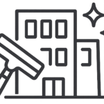 Icon für Gebäudereinigung: Gebäude mit Fensterabzieher und Glanzsymbolen.